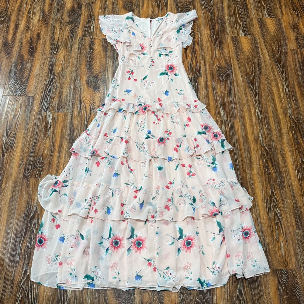 Attic Salt Pink Floral Tiered Ruffle Maxi Dress Flutter Sleeve V-Neck Size S